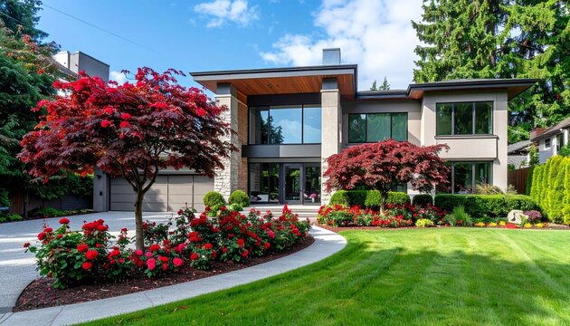 Modern house exterior with lush landscaping