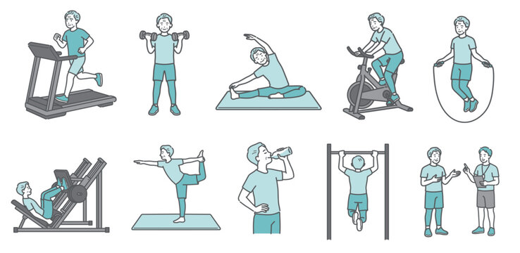 様々な運動をするシニア男性の10点セットイラスト（標準体型・笑顔）