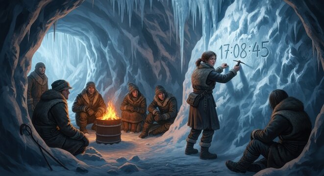 A group huddled in an ice cave, a woman writes the time as they gather near a fire