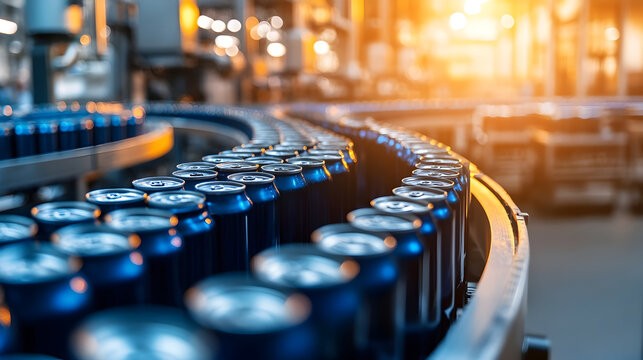 Industrial beverage can production line with rows of blue cans moving on conveyor in factory