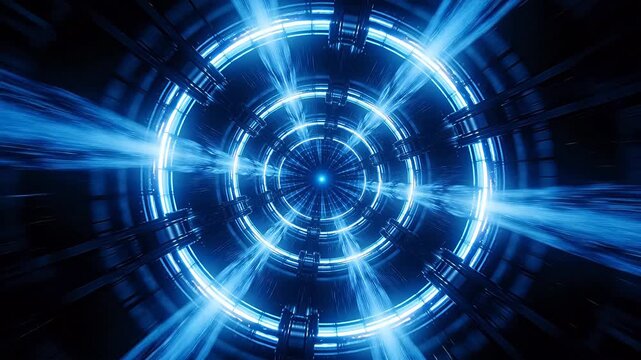 Sci-fi blue ring structure with black hole center and light jets