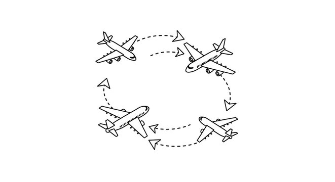 Hand-drawn airplanes in a circular flight path, conveying travel and logistics