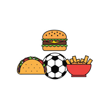 A minimalist flat vector of a taco, a classic burger, and a bowl of poutine arranged in a triangle formation around a soccer ball. Solid vibrant colors. Bold outlines. Minimalist flat vector