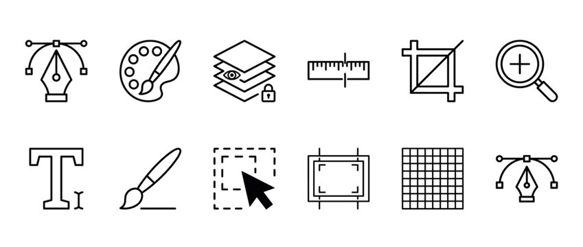 Graphic design software tools icons collection featuring various vector symbols for creative applications and digital art editing.