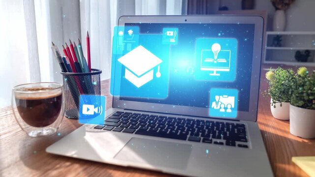 Online education icons show e-learning, online education classes, and digital study. Online education enables global online education access, flexible learning. Gist