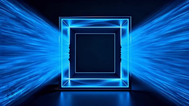 Blue cube frame with light effects in dark space