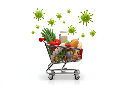 Food contamination concept with viruses in a shopping cart background