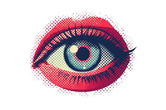 Pop art style eye and red lips on transparent background, comic book effect illustration with halftone dots