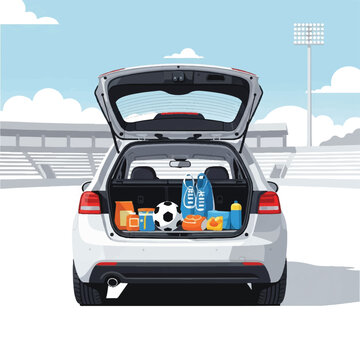 Minimalist SUV with an open trunk filled with soccer gear and snacks in a stadium parking lot. Bright sunny day. Minimalist flat vector artwork, clipart style, absolute solid block colors,