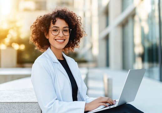 Smiling professional woman wearing a lab coat and glasses, sitting outdoors using a laptop, representing technology and education