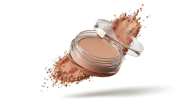 Loose powder makeup exploding from an open container, cosmetic product for flawless skin, beauty and skincare advertising
