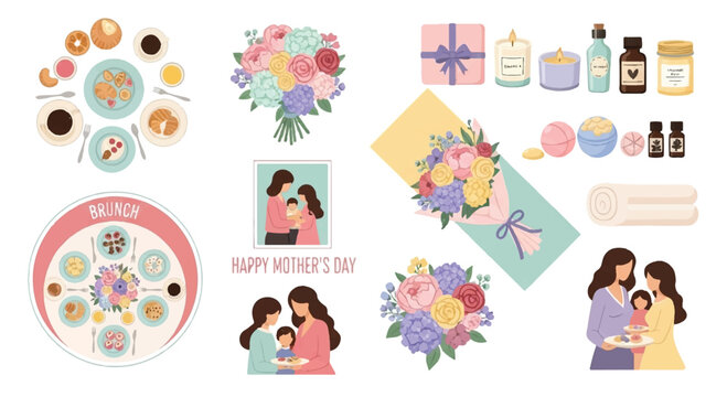 Mother's day gift and celebration elements including flowers food family portraits with food spread flat design icon set celebration appreciation