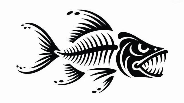 A fish skeleton illustration features a menacing fish head and fins on a white surface
