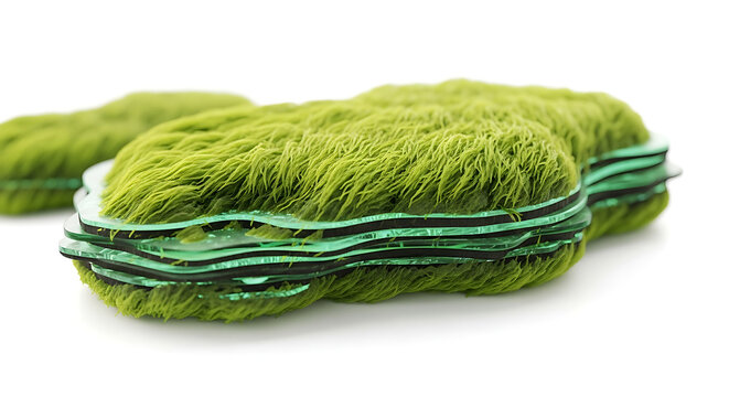 Macro view of abstract green organic layered structure with geometric patterns and fuzzy texture, natural growth concept