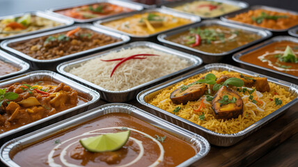 Fototapeta premium Indian food takeaway with curry and biryani rice in foil containers for catering spicy cuisine