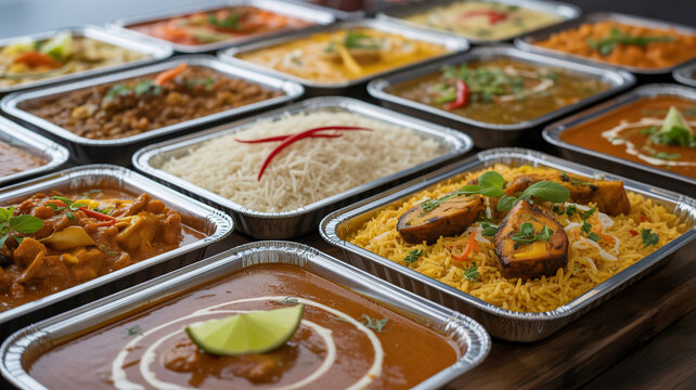 Indian food takeaway with curry and biryani rice in foil containers for catering spicy cuisine