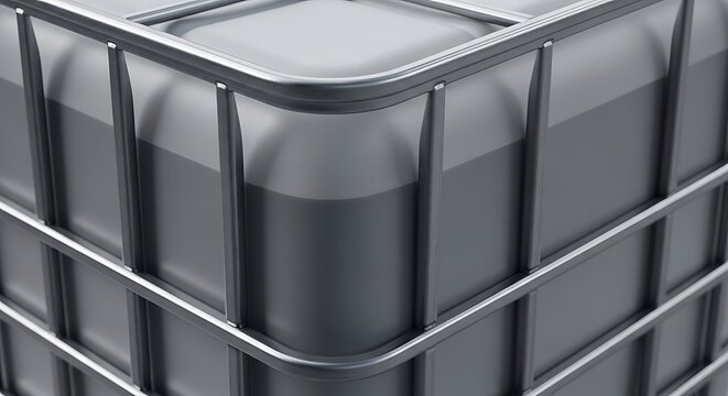 A close-up view of a sturdy industrial Ibc kontanor featuring a protective metal cage frame surrounding the gray plastic container used for bulk storage