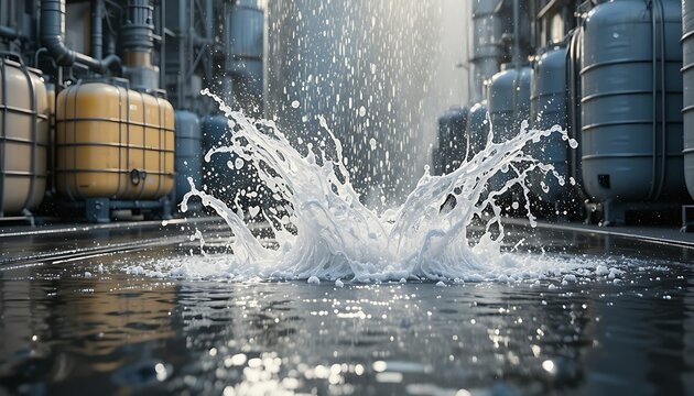 High-pressure water jet cleaning industrial storage tanks outdoors. ibc container