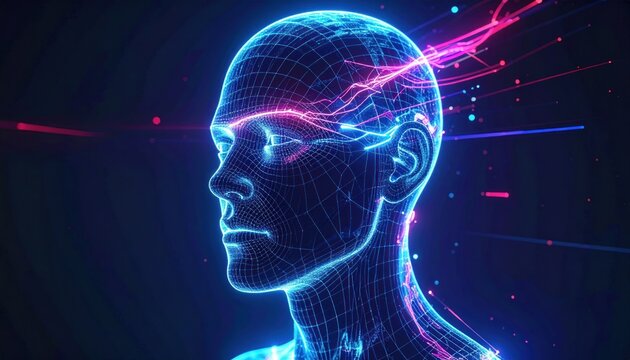 Wireframe human head with glowing neural pathways, digital art