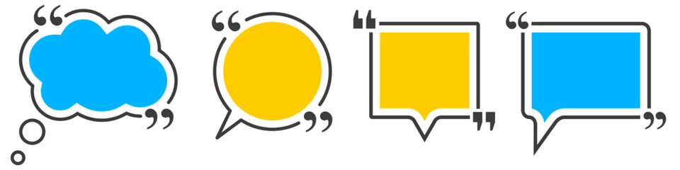 Naklejka premium Four vector speech and thought bubbles in blue and yellow. thought cloud round speech and square speech. Bold black border with quotation marks. Ideal for infographics social media or chat apps.