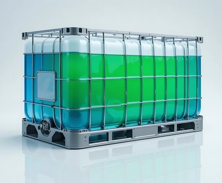 stacked ibc totes with blue and green liquid on industrial pallet. ibc container