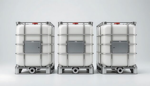 three industrial ibc tanks on pallets in warehouse storage. ibc container