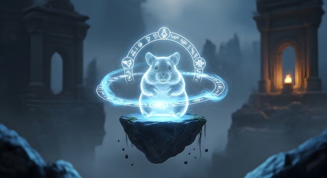 Glowing Spirit Hamster Floating Stone Ruins Magic Halo.