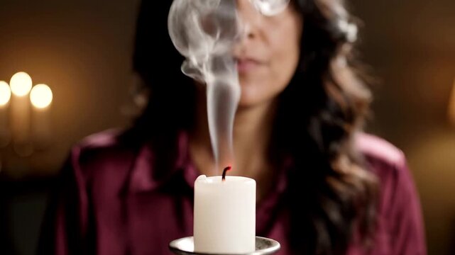 A woman in a purple shirt blows on a lit white candle, creating smoke