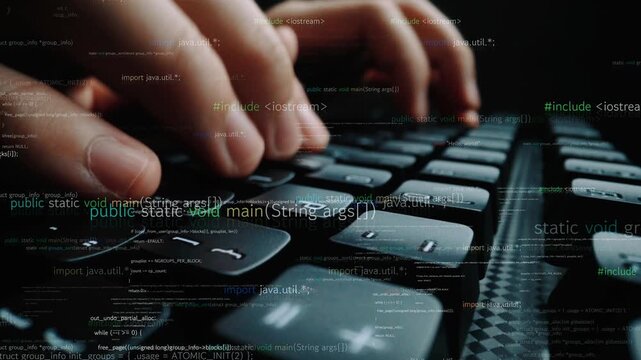 A detailed close-up of hands typing on a keyboard, surrounded by floating code elements, symbolizing the intersection of technology and programming in modern workflows. Xenic