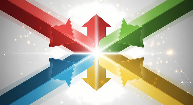 Colorful arrows converging towards a bright central point