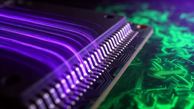 Purple laser beams hitting metal circuit board pins