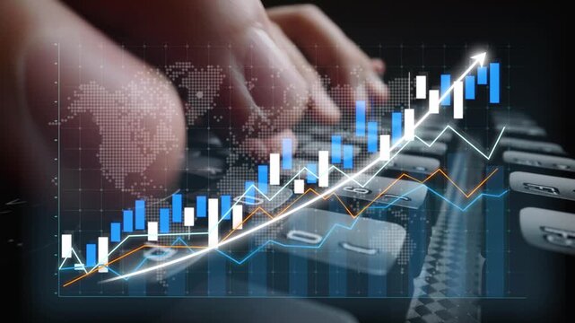 A close-up view of hands interacting with a calculator set against vibrant charts and graphs, illustrating financial growth, data analysis, and investment strategies. Copula