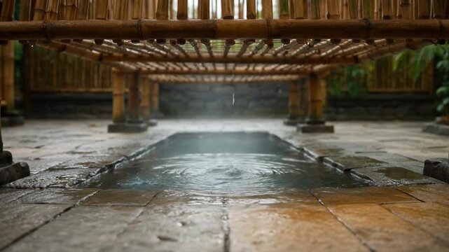 Extreme macro slow motion of rainwater gently dripping from bamboo overhang onto stone courtyard in sustainable tropical architecture