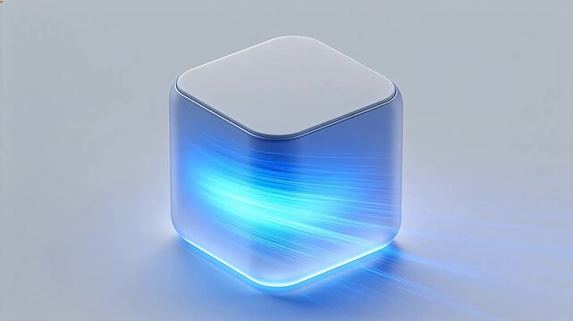 Modern blue glowing cube on gray background