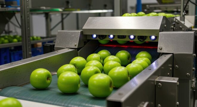 Green apple fruit sorting on conveyor belt with industrial machine in factory