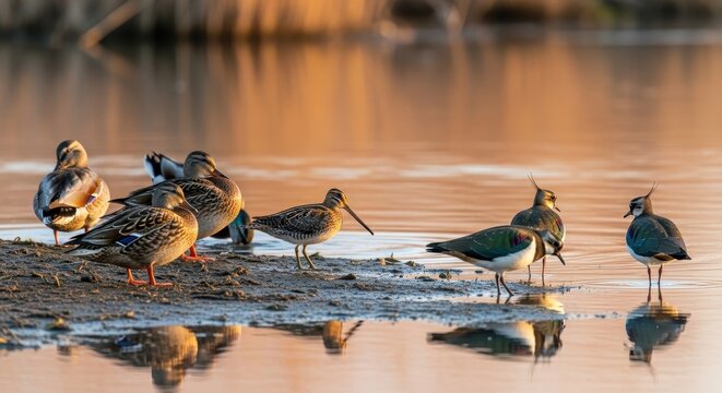 Flock of Birds Standing in Shallow Water at Sunset.