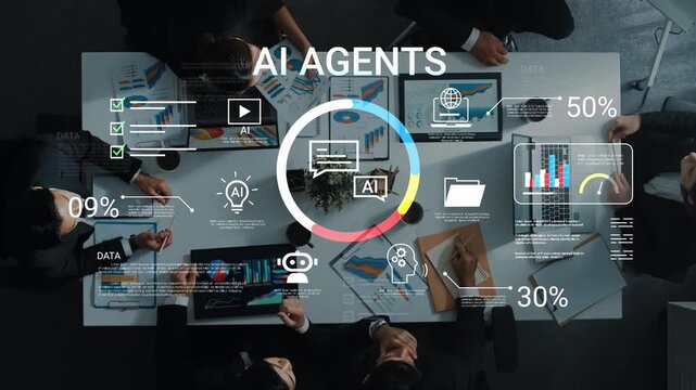 Diverse Team Collaborating on AI Agents Development with Digital Data Analytics and Graphical Presentations in Modern Office Setting Gluon.