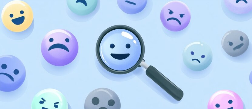 a top down view shows a magnifying glass magnifying a happy light blue emoji it is surrounded by several circular emojis in light blue, purple, and gray Generative AI