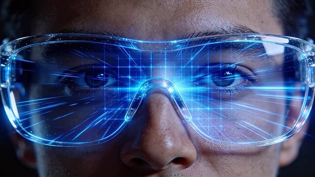 Eye close-up wearing transparent glasses with blue holographic display