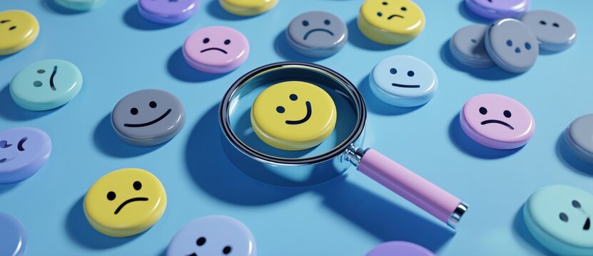 a graphic representation with a magnifying glass zoomed in on a happy face icon on a blue disc numerous other discs with different emoji expressions  in pastel blue, purple, and gray Generative AI