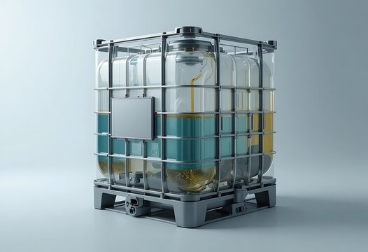 transparent industrial ibc tank on pallet with metal cage and valve. ibc container