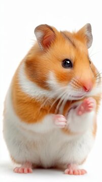 Close-up of a cute hamster standing on hind legs with front paws raised, against a clean white background with soft natural lighting.