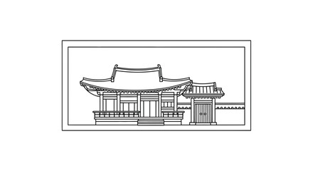 Fototapeta premium Traditional Korean Architecture Building Facade Line Art Drawing