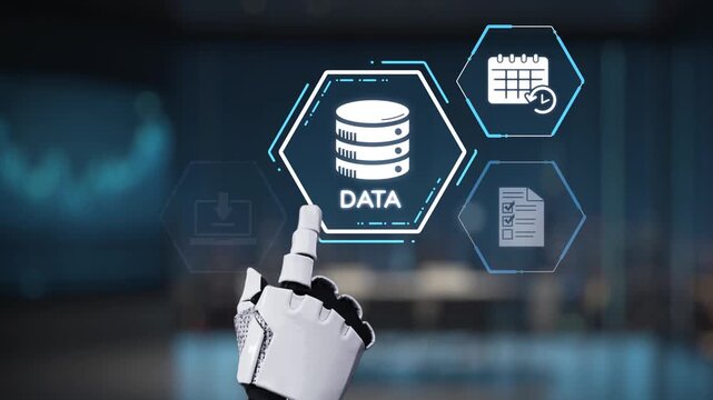 A robotic hand interacts with digital icons symbolizing data management and cloud storage, showcasing modern technology integration in a dynamic workspace. Synapse