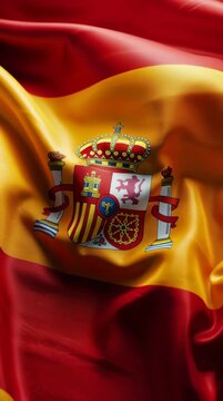 Close-up of the Spanish flag waving with vibrant red and yellow colors and the coat of arms prominently displayed.