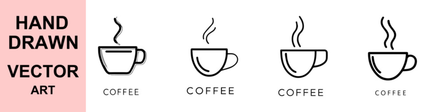 Hand drawn coffee cup outline vector illustration with text minimal line art steaming mug icon set modern cafe beverage logo design isolated background