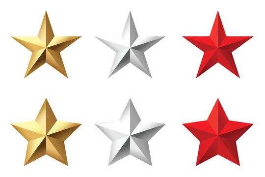Set of 3D star icons in gold silver red colors with glossy metallic style. Collection of rating award and achievement symbols isolated on light background. Perfect for UI design apps games badges rewa