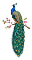 Obraz premium A peacock perched on a flowering branch