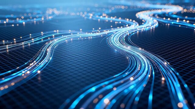 Abstract digital network data flow with blue lines and yellow dots
