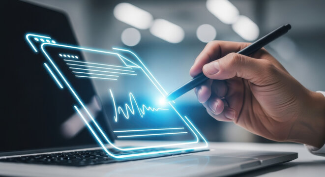 Digital signature authentication, stylus signing document on virtual screen, secure online contract approval, electronic verification, cybersecurity identity protection for business and legal workflow
